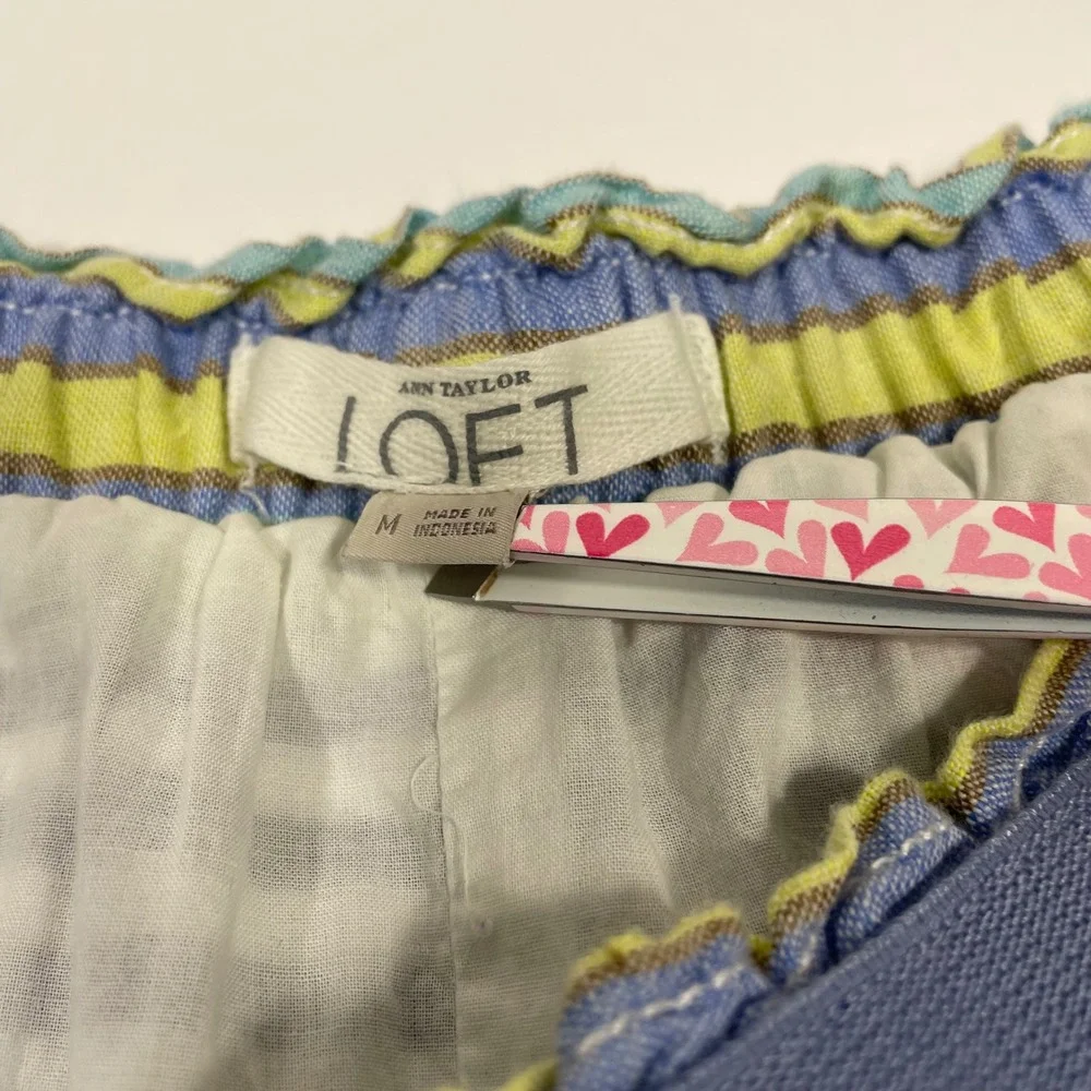Ann Taylor LOFT‎ Striped Linen Blend Skirt M Blue White Yellow Pockets 15x17